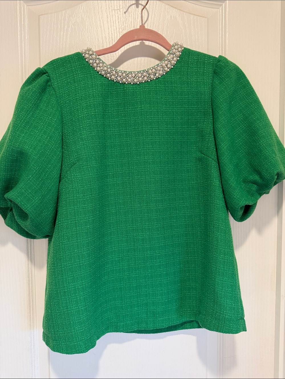 Green Puff Sleeve Top with Jeweled Collar